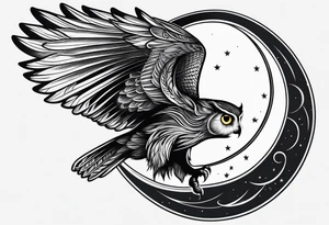 Crescent moon side profile of owl flying tattoo idea