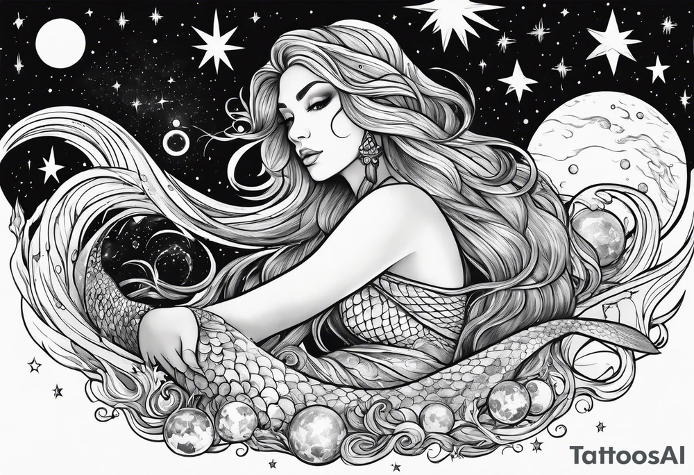 Swamp mermaid under stars and planets tattoo idea