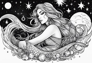 Swamp mermaid under stars and planets tattoo idea