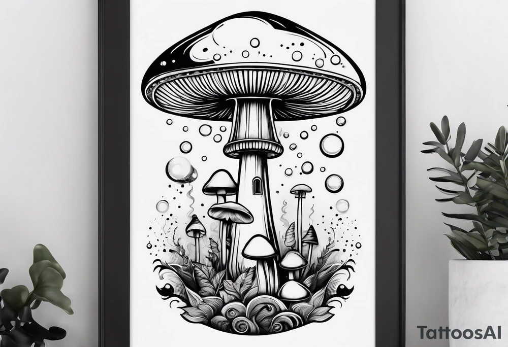 mushroom rocketship with fire coming out the bottom bursting out of bubble into spiritual realm tattoo idea