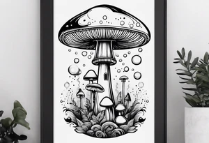 mushroom rocketship with fire coming out the bottom bursting out of bubble into spiritual realm tattoo idea