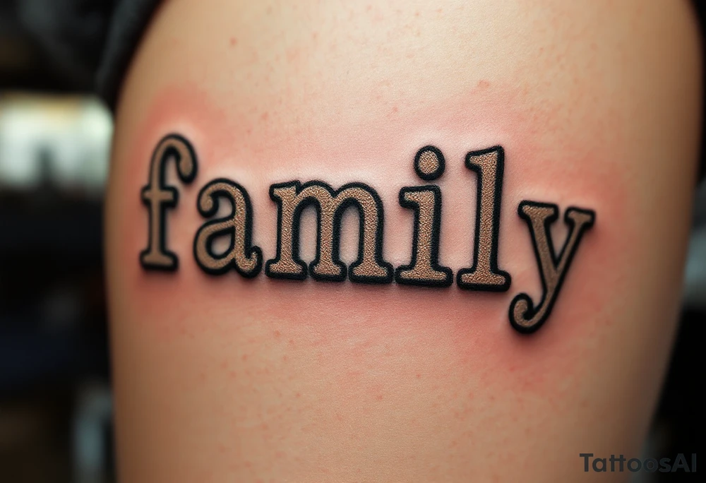 Vintage Typewriter Family Tattoo – The word "family" in vintage typewriter font, with light brown and cream shading to give an old-school, timeless feel. tattoo idea