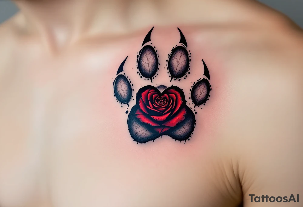 A detailed paw print with a heart-shaped hole in the center, filled with a deep red rose, showcasing love and protection. tattoo idea