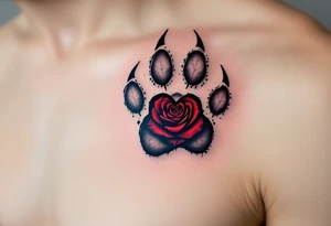 A detailed paw print with a heart-shaped hole in the center, filled with a deep red rose, showcasing love and protection. tattoo idea