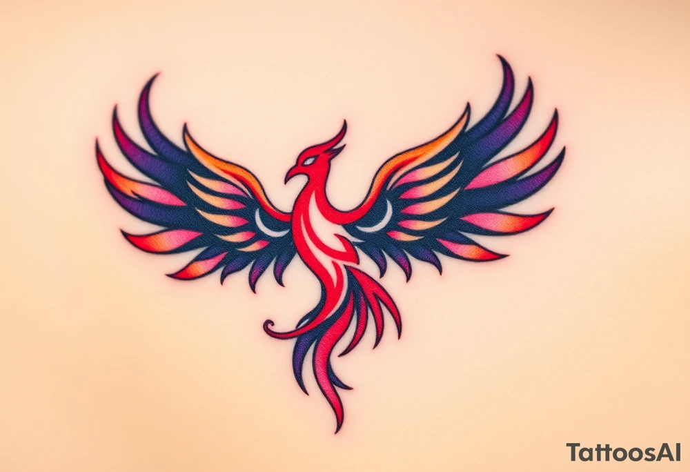 Phoenix rising from the ashes with the colors red, pink, orange and purple. Size 3 cm wide and 5 cm high tattoo idea