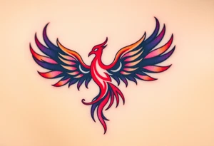 Phoenix rising from the ashes with the colors red, pink, orange and purple. Size 3 cm wide and 5 cm high tattoo idea