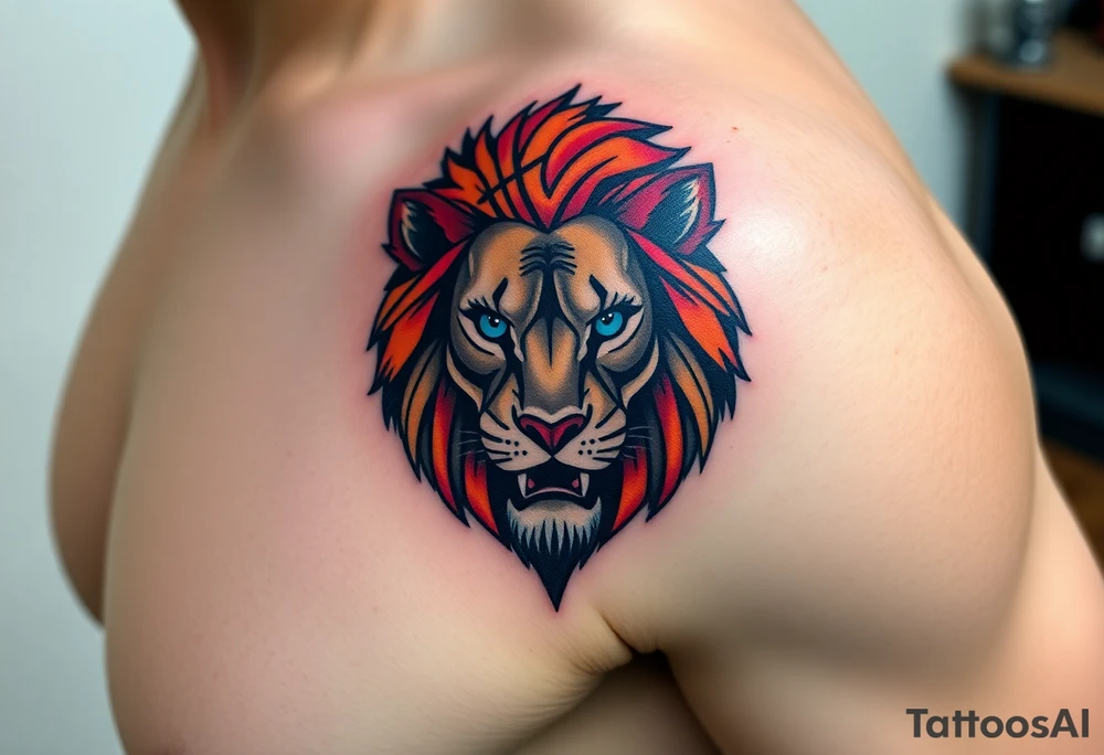 lion with blue eyes and orange hair into basketball tattoo idea