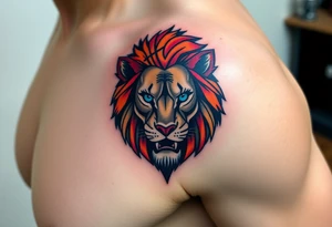 lion with blue eyes and orange hair into basketball tattoo idea