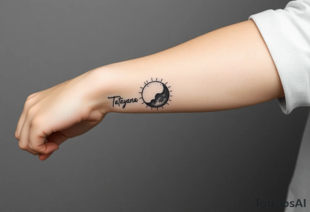 Forearm tattoo for a man using the name “Tatayana” Starting from the wrist, stretching to the elbow with the sun and moon tattoo idea
