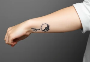 Forearm tattoo for a man using the name “Tatayana” Starting from the wrist, stretching to the elbow with the sun and moon tattoo idea