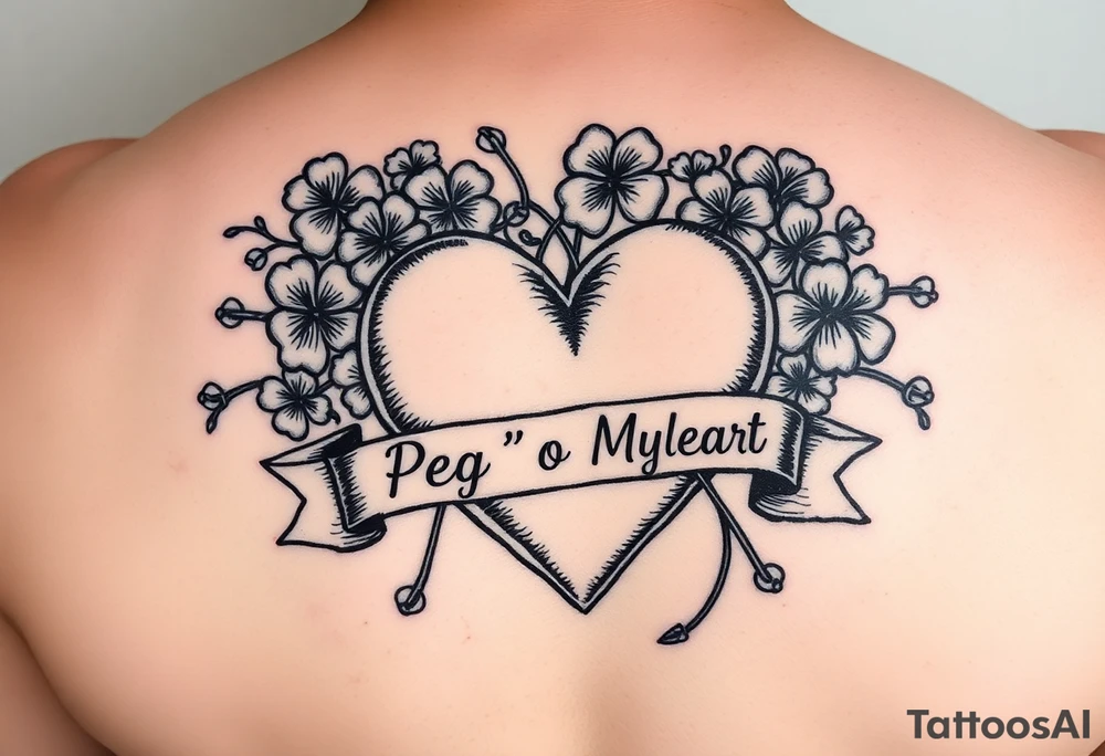 Bunch of shamrocks with a big heart and a banner across the heart that says " Peg 'o My Heart " tattoo idea
