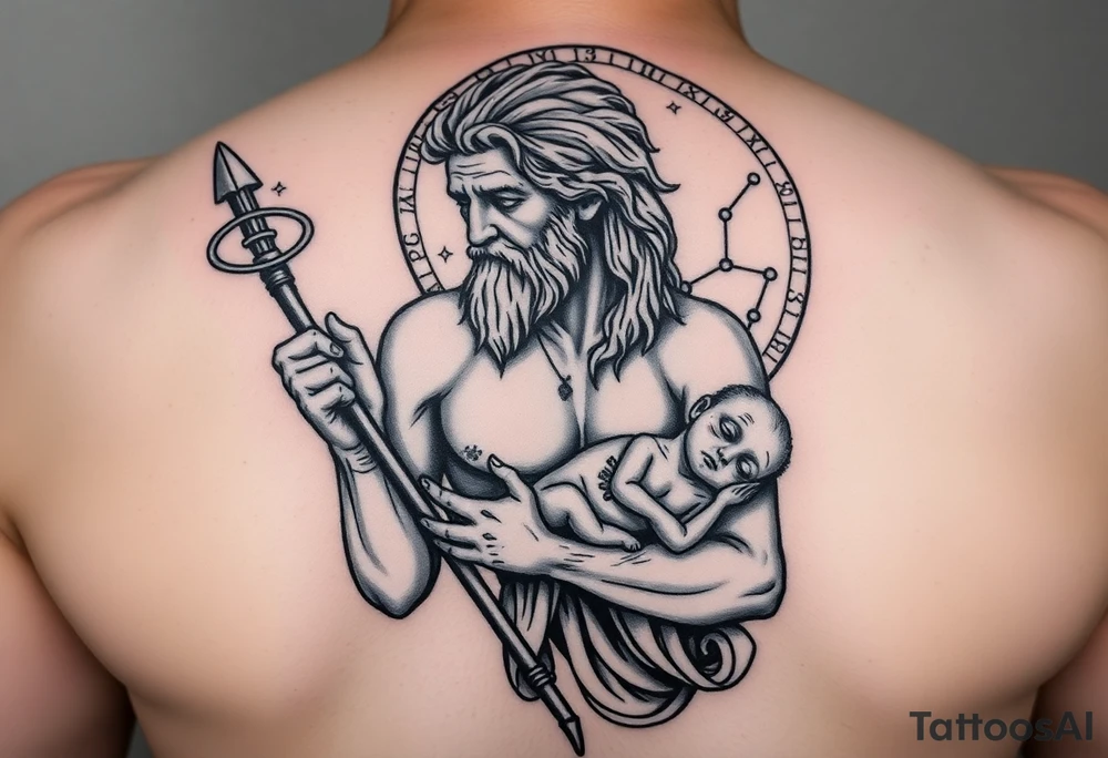 a tattoo design of the Greek God Saturn but older and nearly dying holding a spear with the astrology Saturn symbol as the spear head, in his other arms cradling a twin dying younger version of himself. The gemini constellation is in the background behind the Saturn Gods tattoo idea