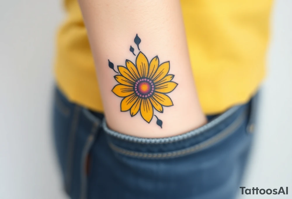 Yellow daisy flower with Purple Hearts tattoo idea