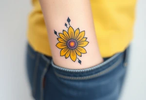 Yellow daisy flower with Purple Hearts tattoo idea