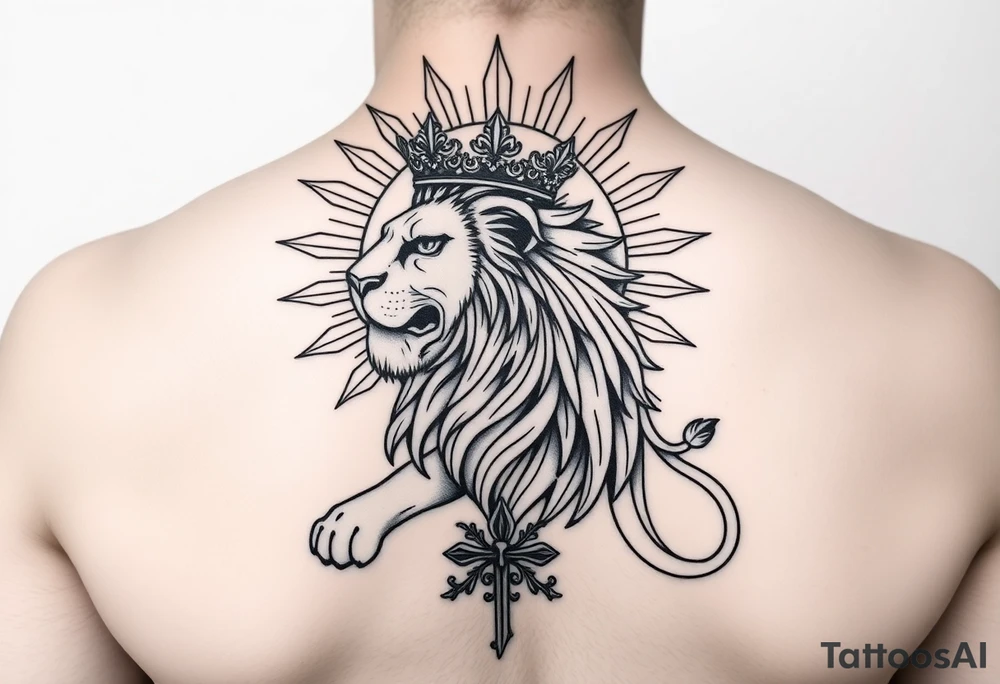 A majestic Persian lion with a radiant sun behind it, inspired by the ancient 'Lion and Sun' emblem of Iran. The lion wears a regal Persian crown, symbolizing power and sovereignty. The design elegantly incorporates the 'Faravahar' symbol, blending its wings and spiritual elements into the composition. The artwork is intricate, with fine ornamental Persian patterns, evoking a historical yet modern tattoo style. The atmosphere is grand, with a bold blackwork and neo-traditional tattoo aesthetic." tattoo idea