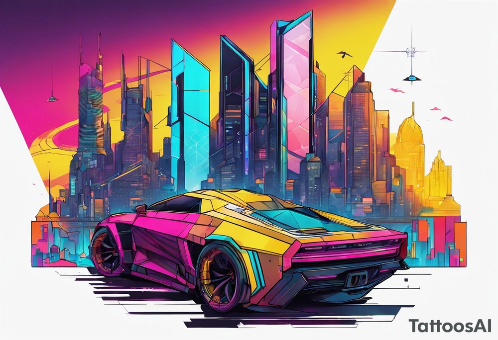 cyberpunk 2077, forearm tattoo, geometric, subtle, men, city skyline, bright colour, tattoo idea