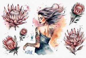 Very feminine tattoo with a woman dancing in a wind of protea flowers tattoo idea