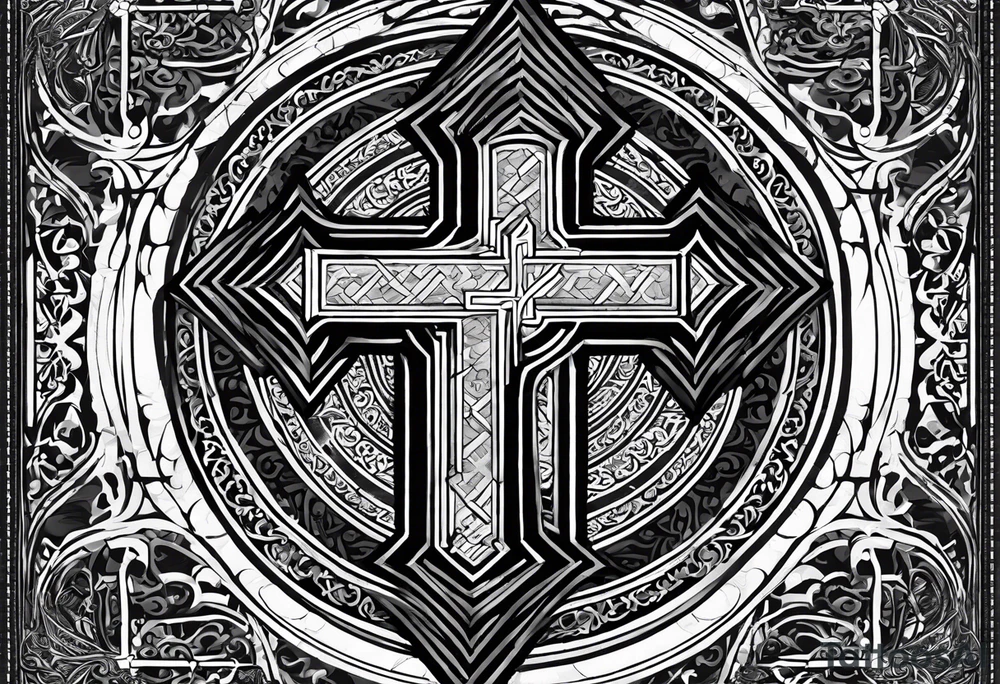 Arabic bible verse with a cross in the background and clouds surrounding the cross. make it realistic and the cross is very simple. The words will be written over the cross. tattoo idea