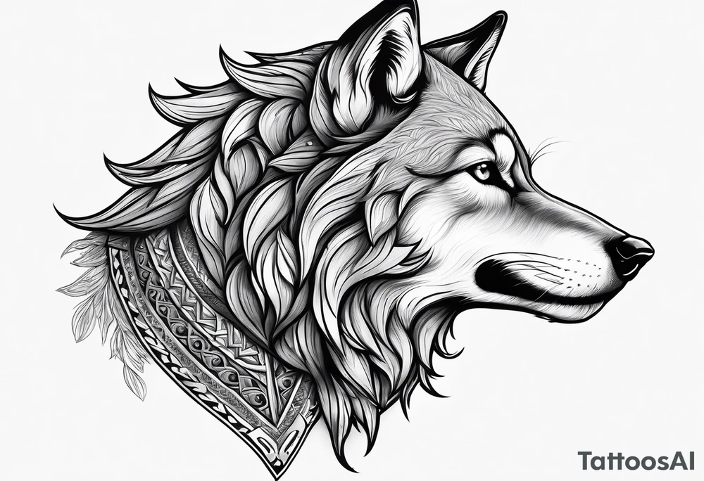 realistic style fenrir wolf in profile, include in it's forehead a diamon shape of hair (and some kind of armor) like a helmet tattoo idea