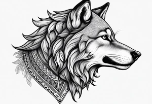 realistic style fenrir wolf in profile, include in it's forehead a diamon shape of hair (and some kind of armor) like a helmet tattoo idea