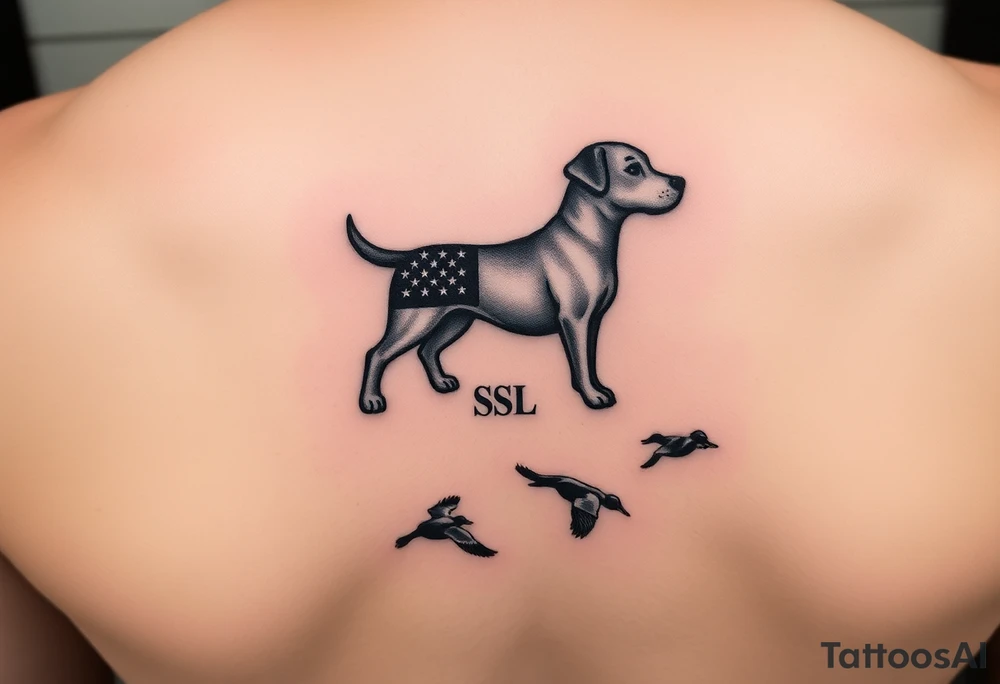 Small Hunting tattoo featuring a small upland dog silhouette, Italian and American flag, SSL initials, with some ducks in sky tattoo idea
