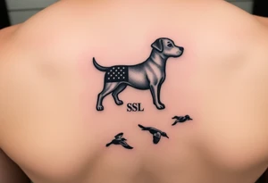 Small Hunting tattoo featuring a small upland dog silhouette, Italian and American flag, SSL initials, with some ducks in sky tattoo idea