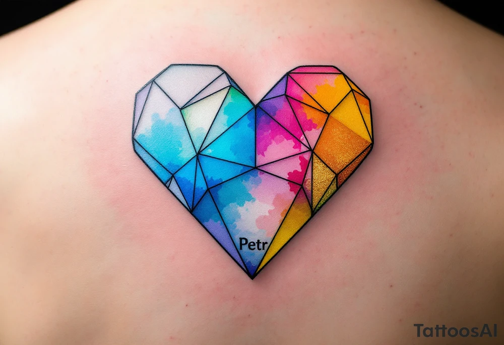 A mini heart made up of colorful geometric shapes, with each section of the heart filled with different watercolor shades of blue, pink, and gold, and the name "Petr" written in a modern, sans-serif font. tattoo idea