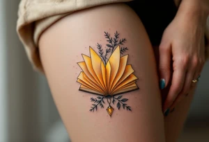 An open book with golden pages, each turning page revealing a different phase of life tattoo idea