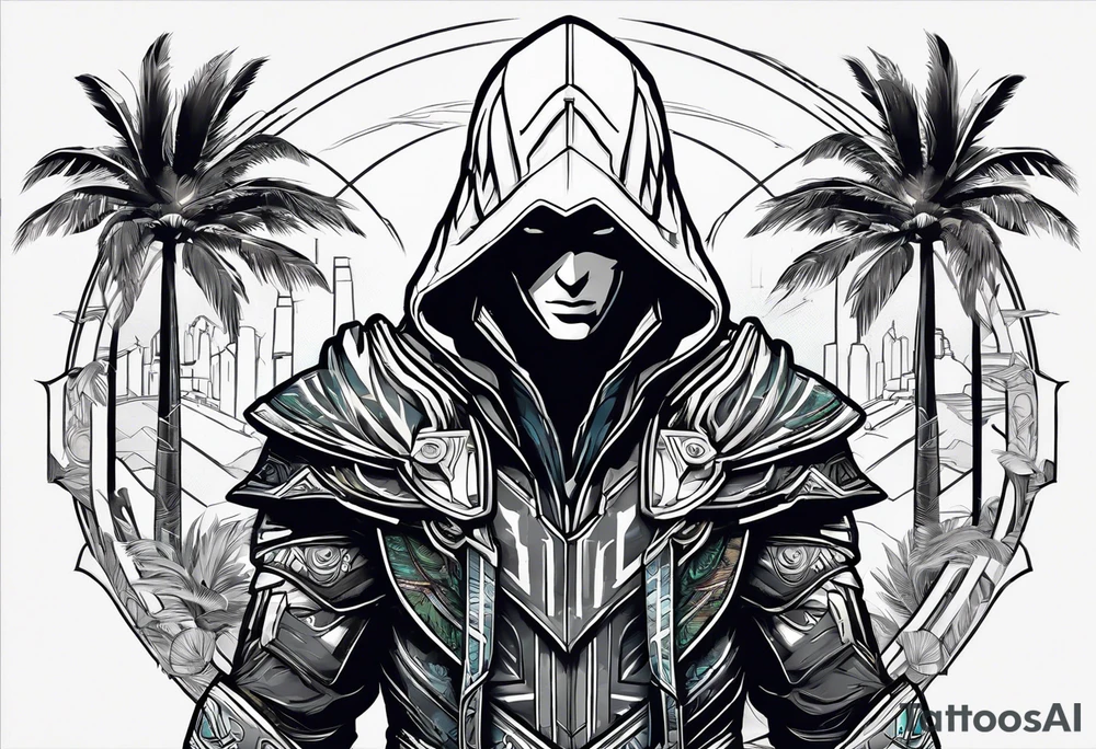 assassins creed character that is in the style of tron with palm trees tattoo idea