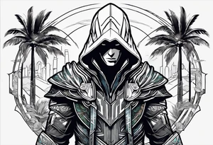 assassins creed character that is in the style of tron with palm trees tattoo idea