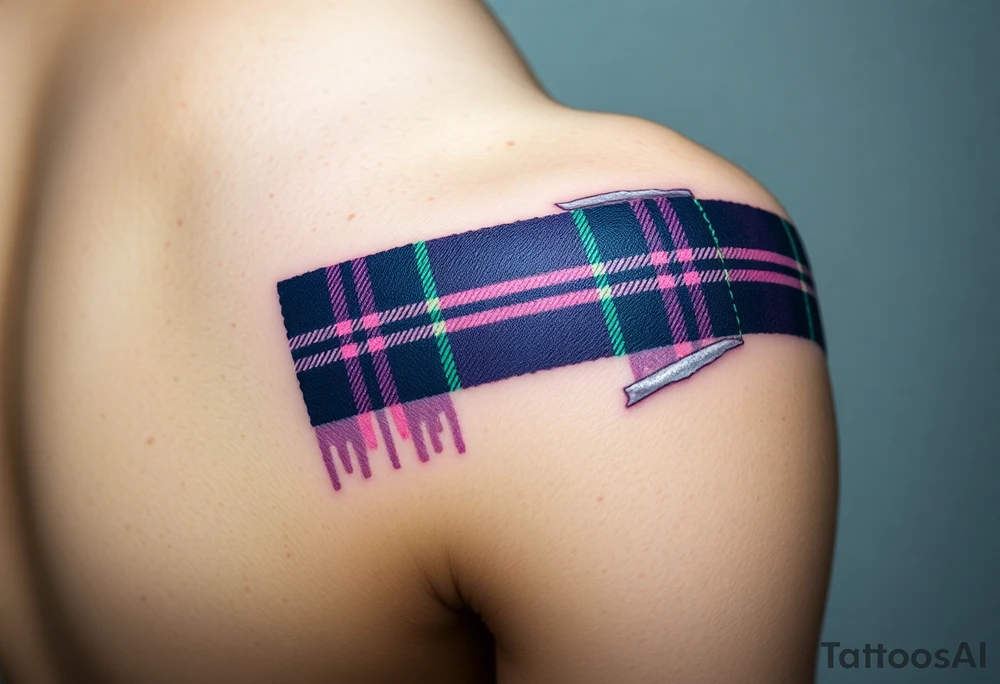 Side of arm Dark Purple with green pink blue and white highlights tartan fabric with skin peeling away at edges tattoo idea