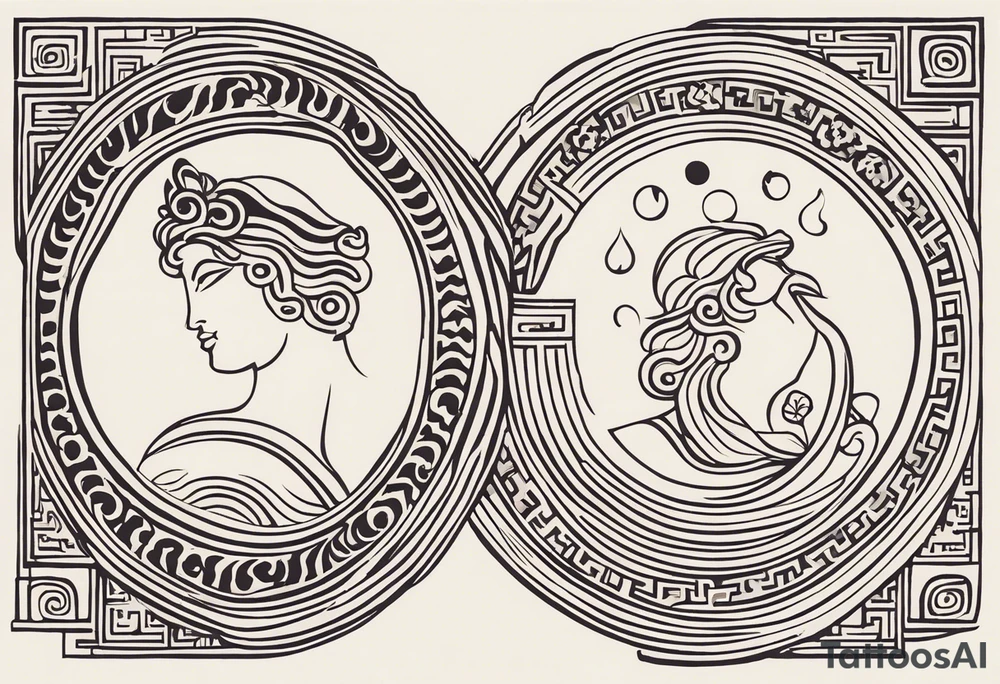 Craft an abstract yet distinctly ancient Greek-inspired tattoo design featuring both Dionysus and Clio. Incorporate motifs from classical Greek art such as geometric patterns, meander borders, and stylized representations of the gods. For Dionysus, integrate symbols like grape clusters, ivy leaves, or the thyrsus staff in a dynamic and fluid composition, capturing the essence of his revelry and passion. Similarly, for Clio, infuse elements like scrolls, laurel wreaths, or the lyre into the design, evoking a sense of scholarly enlightenment and artistic inspiration. Ensure the overall aesthetic echoes the elegance and timelessness of ancient Greek art, offering a unique interpretation of these revered deities tattoo idea