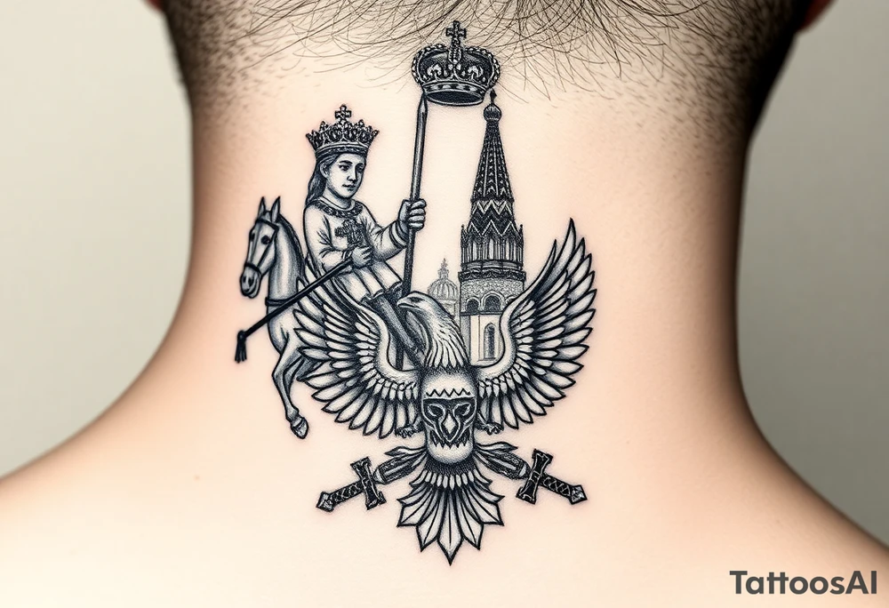 St. George slaying the dragon (hugely common in Russian Orthodox art)
Russian imperial crown above the eagle
Crossed swords or a Russian sabre
The Kremlin or St. Basil's Cathedral scene tattoo idea