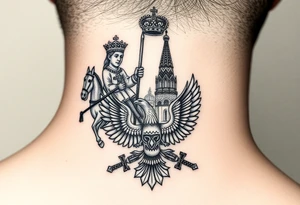 St. George slaying the dragon (hugely common in Russian Orthodox art)
Russian imperial crown above the eagle
Crossed swords or a Russian sabre
The Kremlin or St. Basil's Cathedral scene tattoo idea