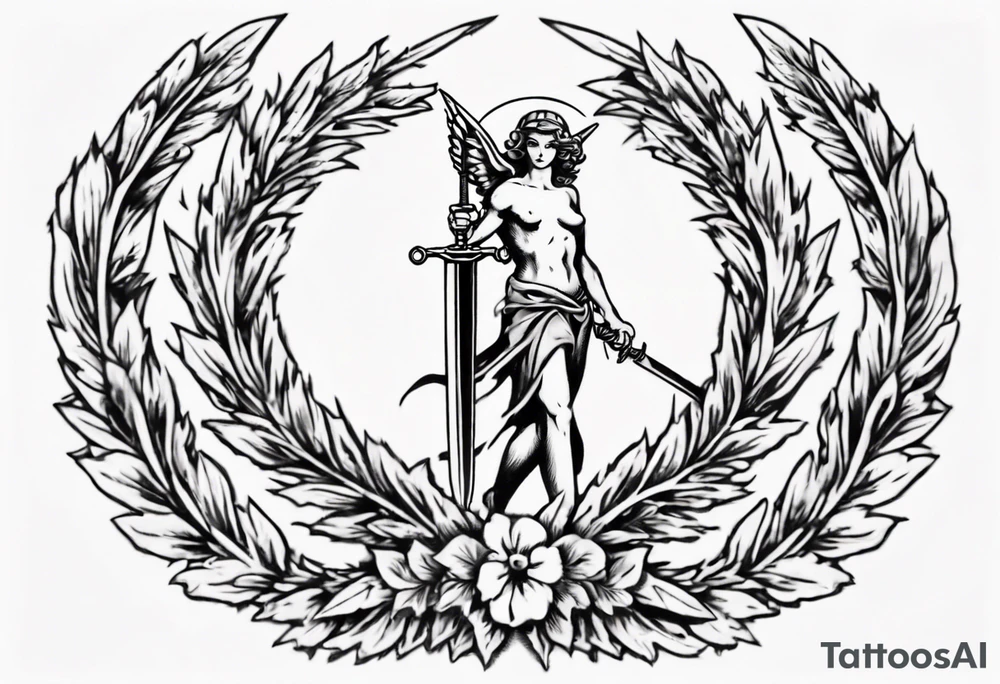 number 13 centered in a laurel leaf wreath and a sword going through the center of the wreath. angel tattoo idea