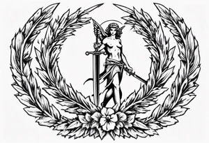 number 13 centered in a laurel leaf wreath and a sword going through the center of the wreath.  angel tattoo idea