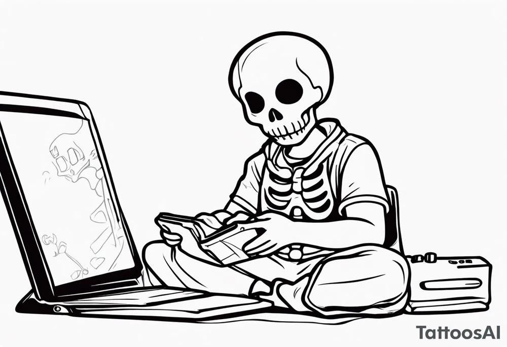 Kid wearing a one piece skeleton costume playing video games tattoo idea