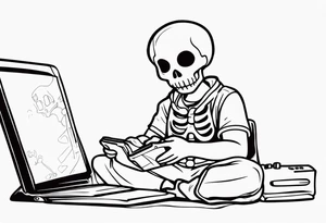 Kid wearing a one piece skeleton costume playing video games tattoo idea