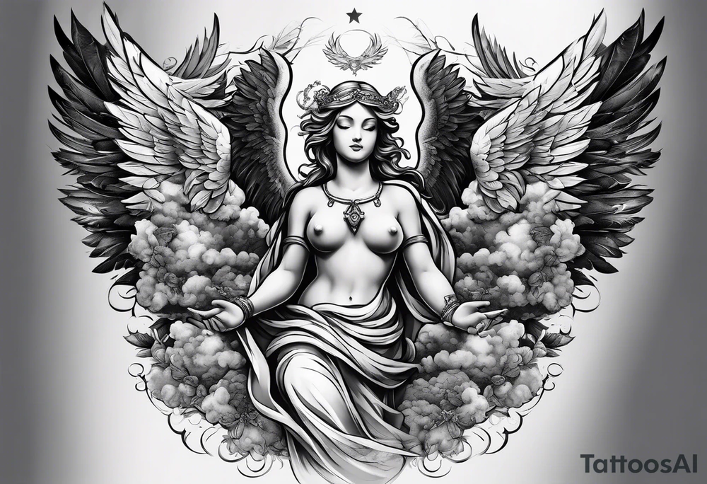 one big angel with 3 angels flying in the back with shading and clouds tattoo idea