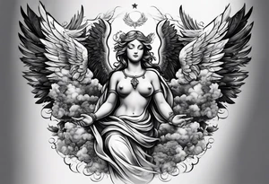 one big angel with 3 angels flying in the back with shading and clouds tattoo idea
