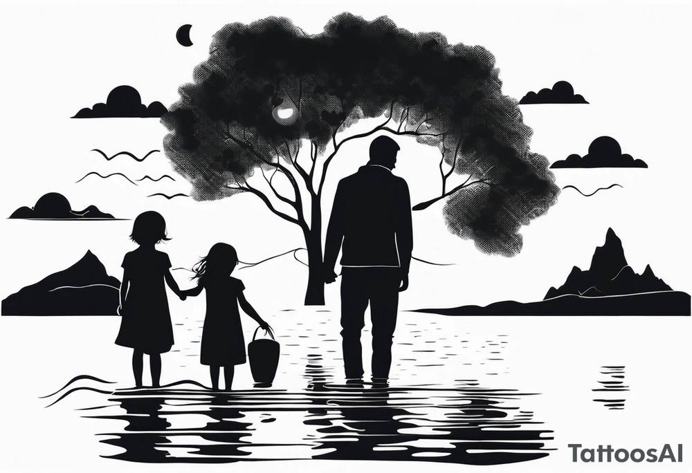 Father in between 6 year old daughter and 2 year old son. Standing in front of water with their reflection in the water behind them with tree and mountains in front of them. Moon in the sky reflecting in the water. tattoo idea