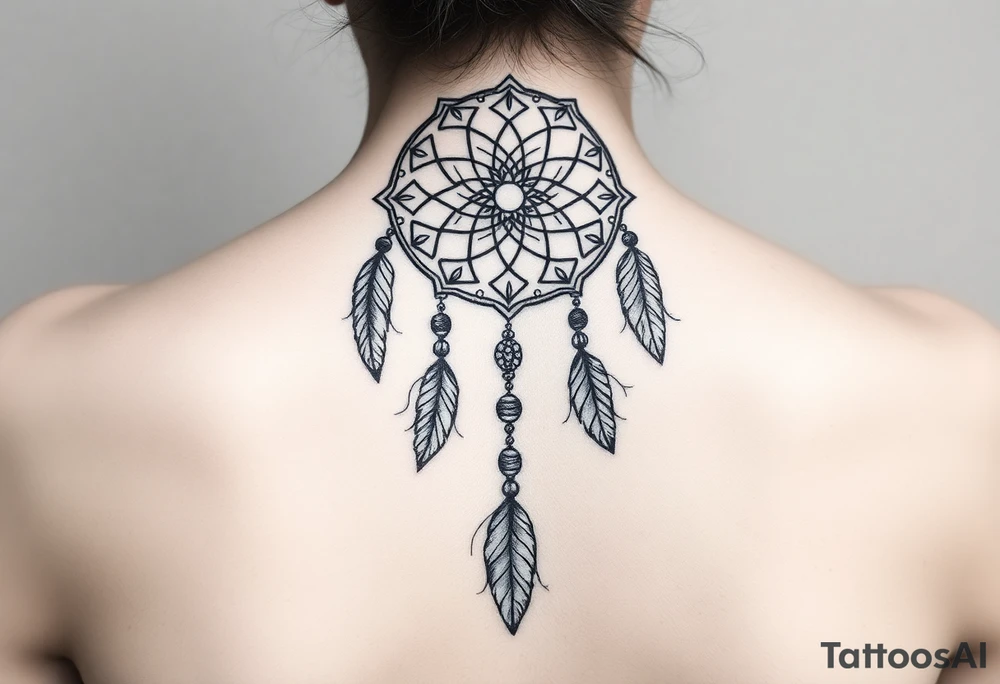 native dreamcatcher with flowing feathers and sacred beads tattoo idea