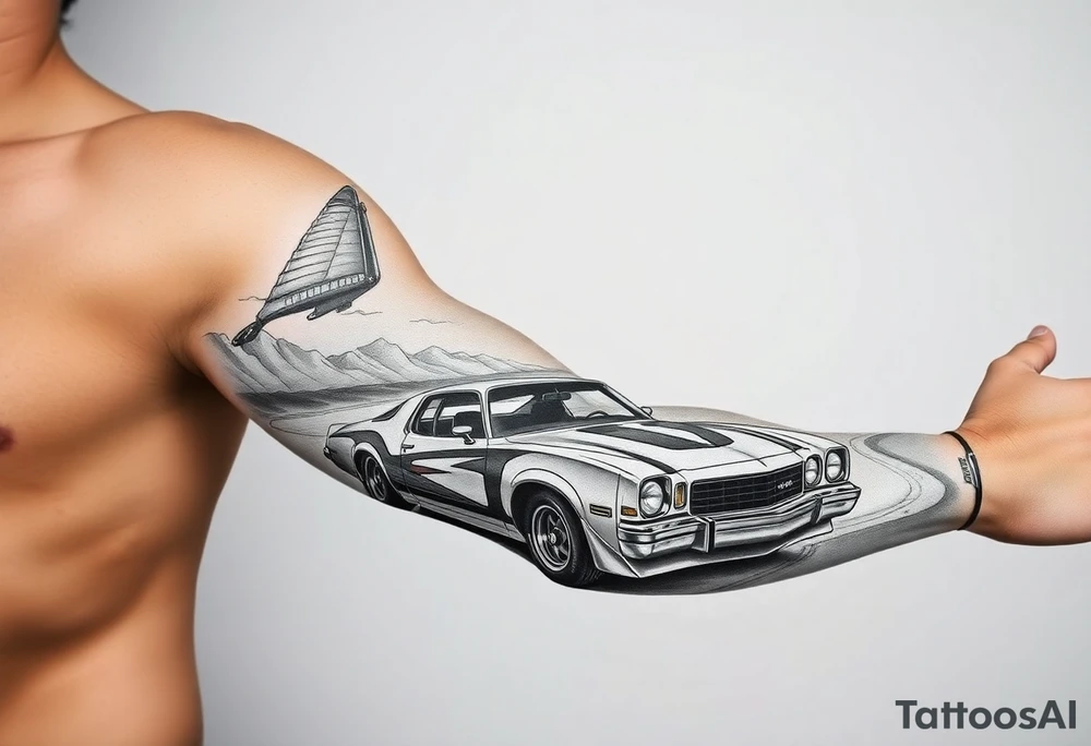 I want a sleeve that starts with a beach with dale Earnhardt car on the beach with a hot blonde 80’s girl with big hair on the hood. Then an ocean with big waves then a big dark sky with the Milky Way in it and Jimi Hendrix Stratocaster in the sky tattoo idea