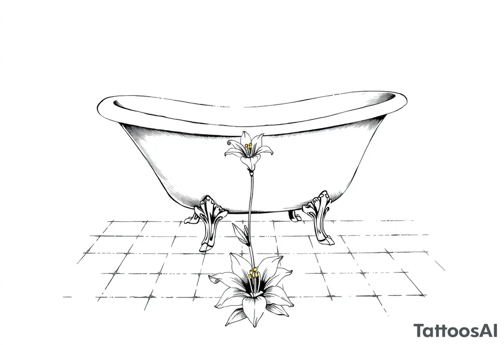Clawfoot bathtub with lily coming up from tile floor tattoo idea