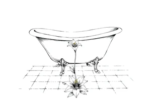 Clawfoot bathtub with lily coming up from tile floor tattoo idea