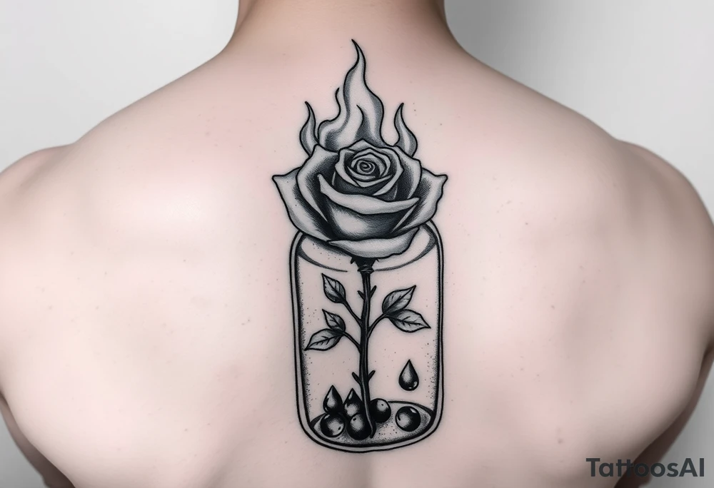 a rose on fire trapped in a jar with water drops tattoo idea