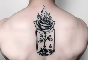 a rose on fire trapped in a jar with water drops tattoo idea