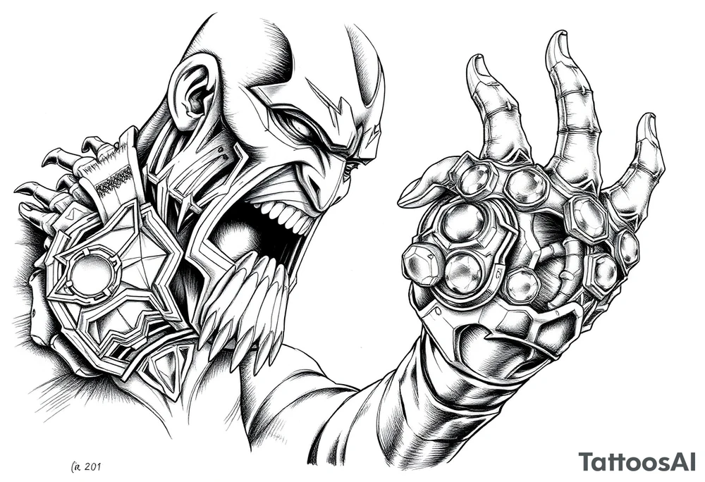 thanos with infinity gaulet filled with infinity stones fighting avengers tattoo idea