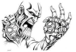 thanos with infinity gaulet filled with infinity stones fighting avengers tattoo idea