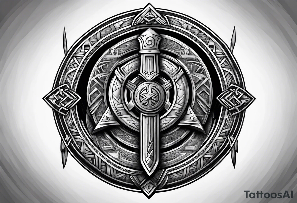 Valhalla round
shield axe sword valknut tattoo idea